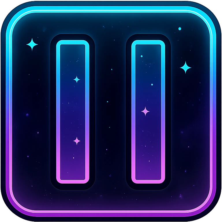 pause icon, modern clean lines with neon border and glowing effect, dark purples blues blacks base, nebula gradients, small bright stars, specular highlights, luminous look emoji