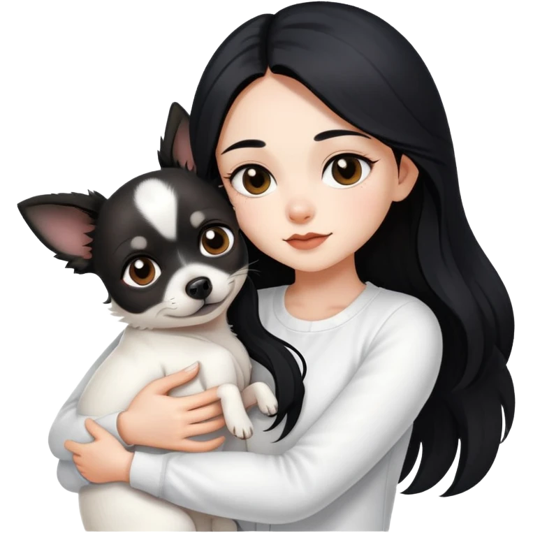 Fair skin girl - long black hair - white clothes - hugging a black chihuahua emoji