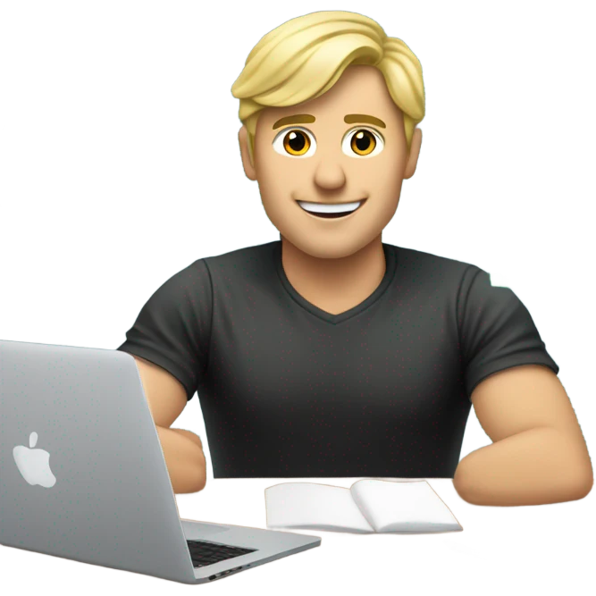 male ,Desk with macbook and pcb, european blond with classs emoji