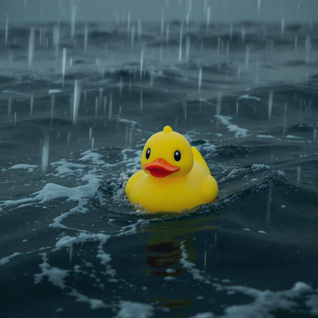 Cinematic still, Closeup shot of Yellow duck toy on ocean during storm, Camera from top, inspired by interstellar emoji