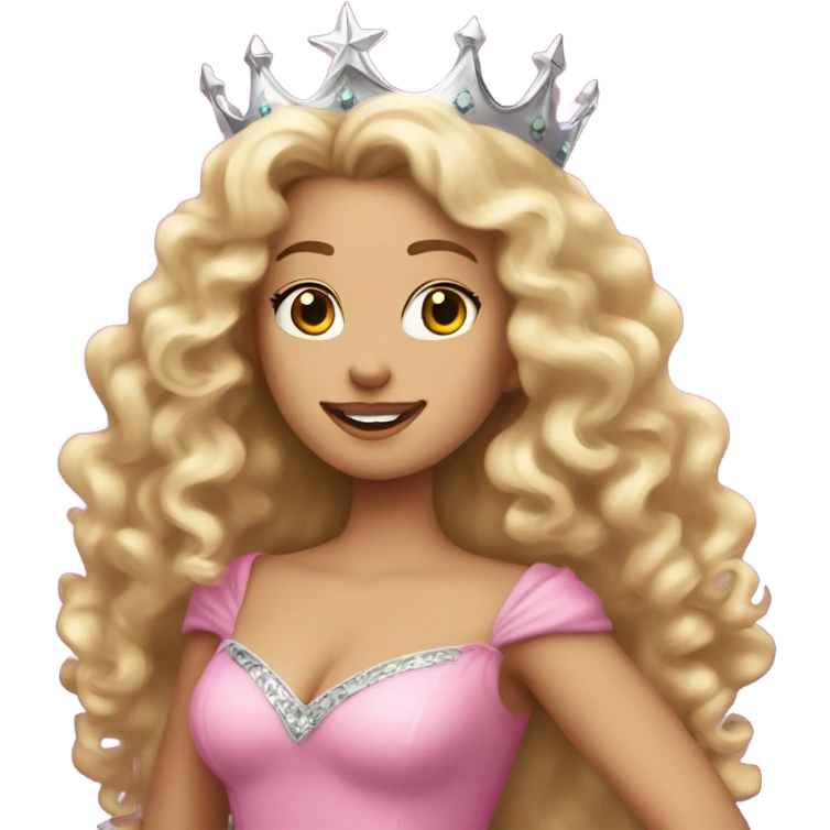 Woman with long blonde curly hair and a silver crown, waring a big pink gown and a magic wand that matches her crown emoji