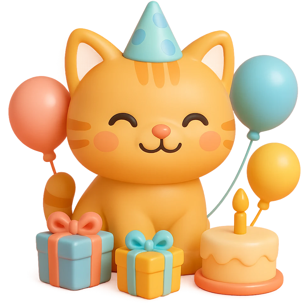 ginger tabby kitten with birthday hat, surrounded by balloons and presents, smiling, birthday cake nearby emoji
