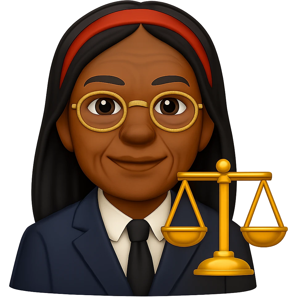 Make the Black woman lawyer look older, with subtle signs of age such as gentle smile lines and a mature, confident expression. Keep the long black hair, red headband, and strong, sharp personality. Render in emoji style with transparent background. emoji