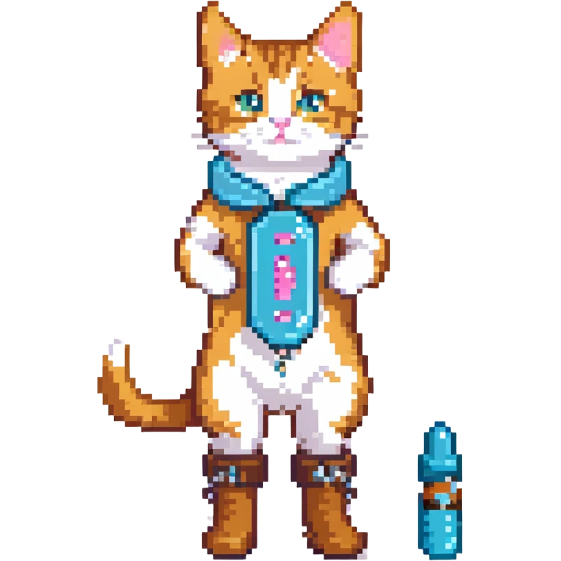 a cat in boots standing on its hind legs and holding a Viagra pill in its front paws emoji