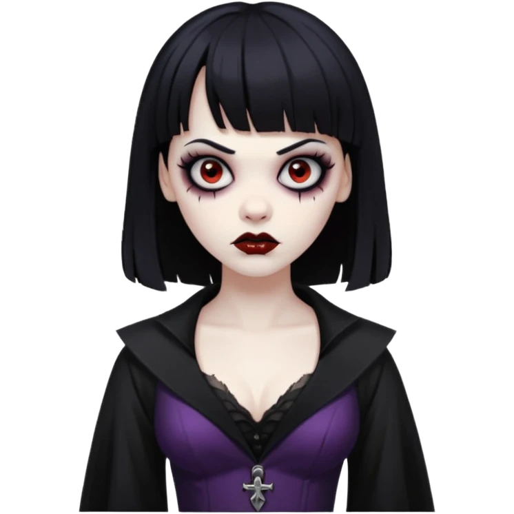 vampira gótica zumbi de cabelo preto e franja e roupa com decote emoji