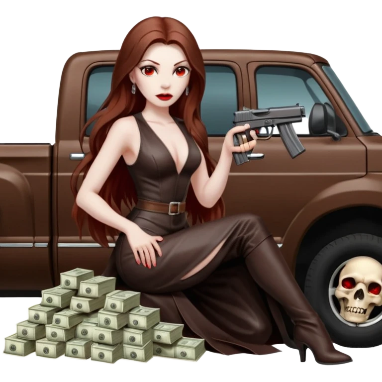 Lilith symbol red eye seductress evil long brown haired sexy succubus woman with leather long dress with slit on, sitting in Big Large F350 pickup truck. Back seat full of stacks of cash, she is  Holding a human skull of her enemies and a gun in other hand emoji