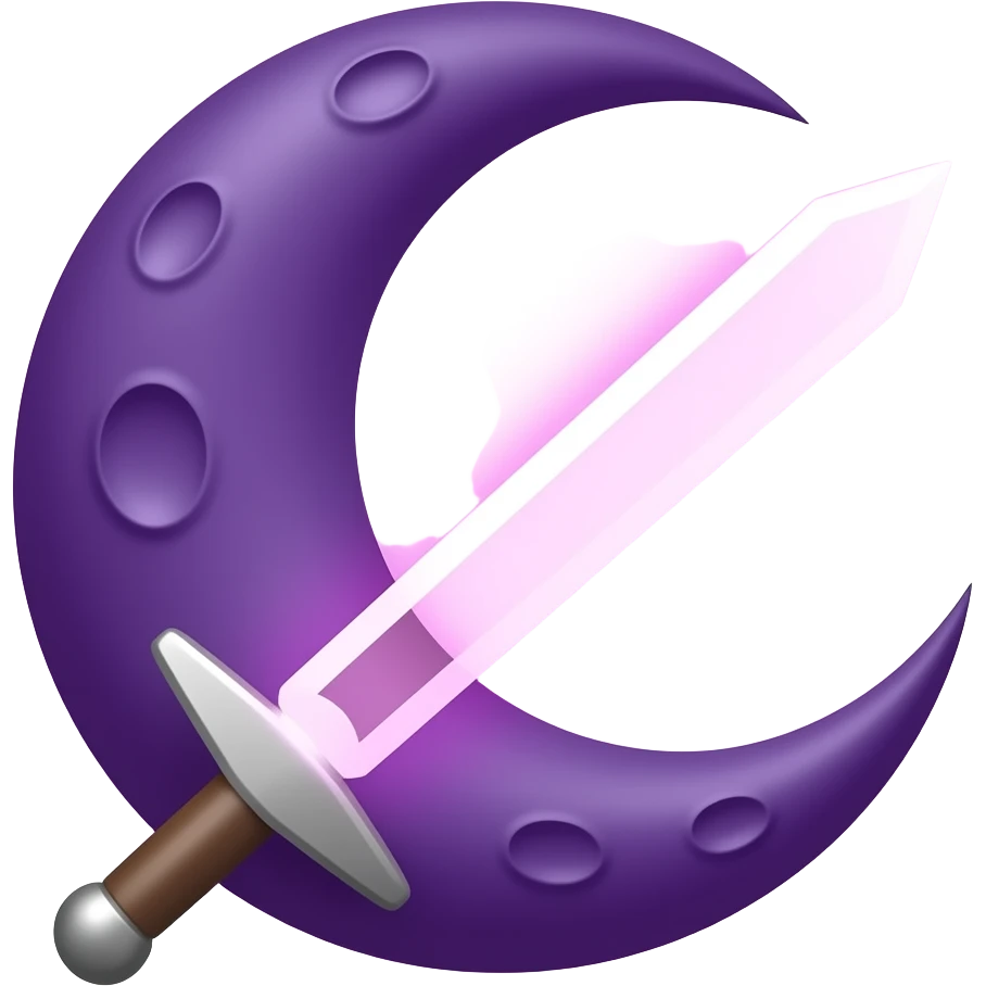 Glowing dark purple detailed crescent moon with an elegant detailed glowing transparent sword, emoji style. The sword is positioned so that the blade points away from the moon and the hilt faces toward the moon (blade facing outward, not toward the moon). Soft violet and pink glow emoji