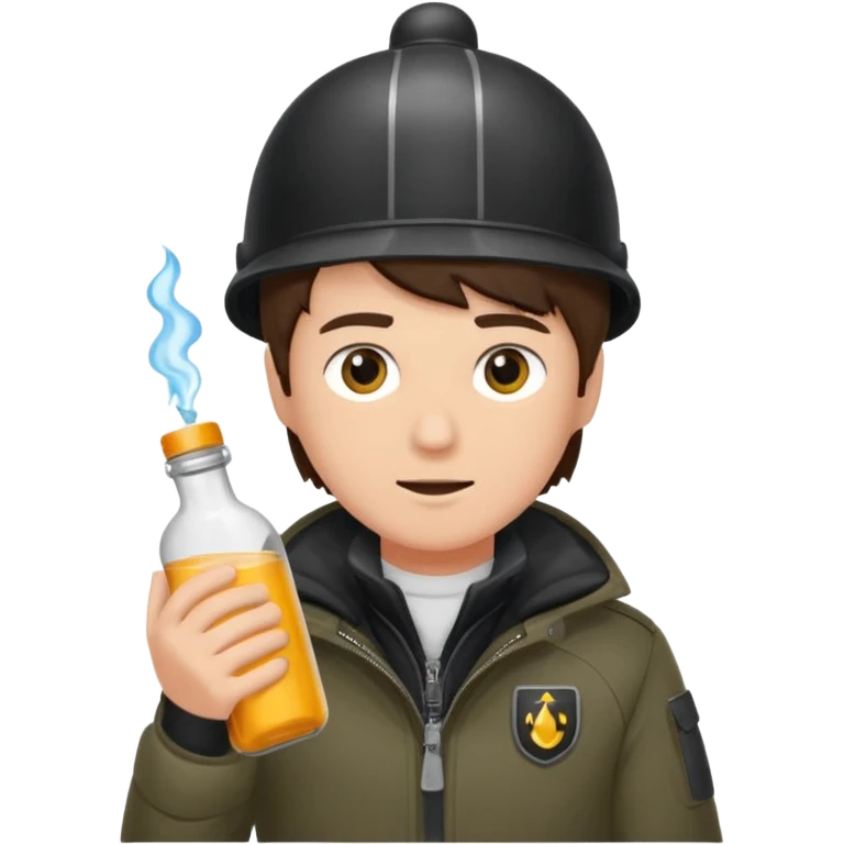 erstell ein bild Von eine jungen der braune augen hat eine sturmhaube trägt und eine Jacky flasche in der Hand hebt plus eine Jacke mit schwarzen fell emoji