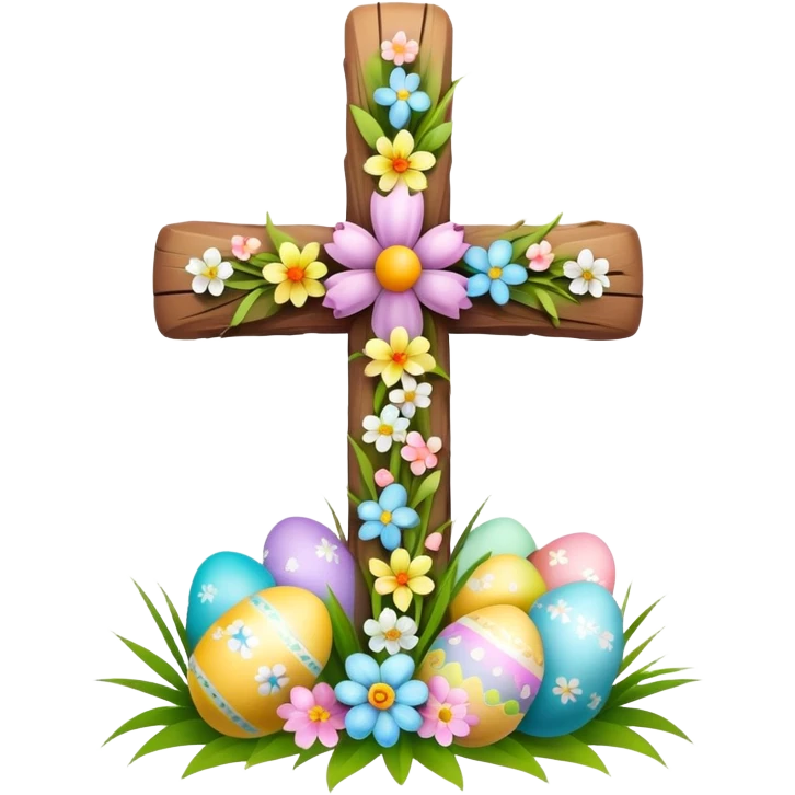 Easter cross decorated with spring flowers and Easter eggs emoji