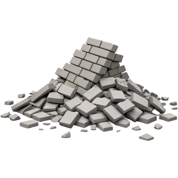 3D iPhone style emoji of a pile of bricks, roof pieces, and wall rubble, scattered and broken, isolated on white background, soft shadows, high detail, playful and cute emoji