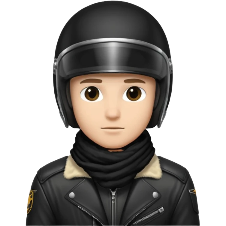 un homme avec un casque de moto totalement noir avec une écharpe en fourrure noir une chemise blanche et une jacket noir emoji
