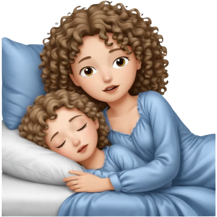یه دختر مو فرفری با موهای موج دار که یه لباس خواب  کرومی تنشه و خوابیده تو تختش و داره خروپوف میکنه emoji