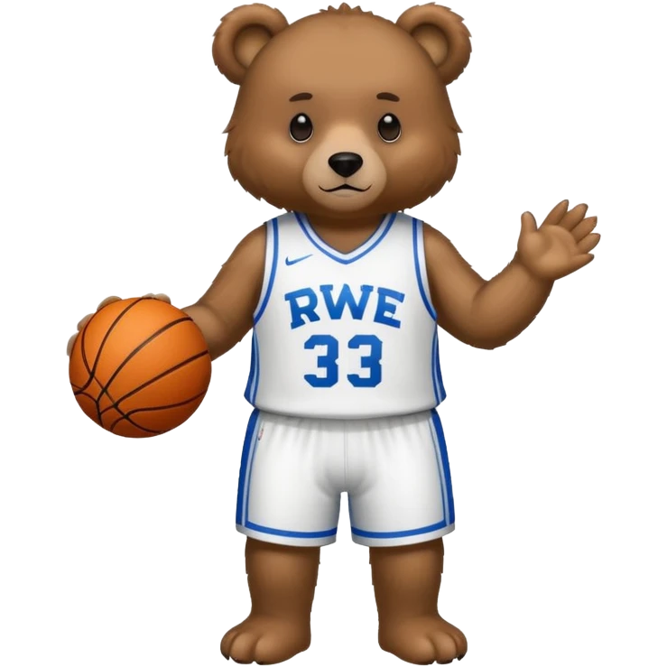 Bear with full body and wearing basketball white  jersey that says RWE  emoji