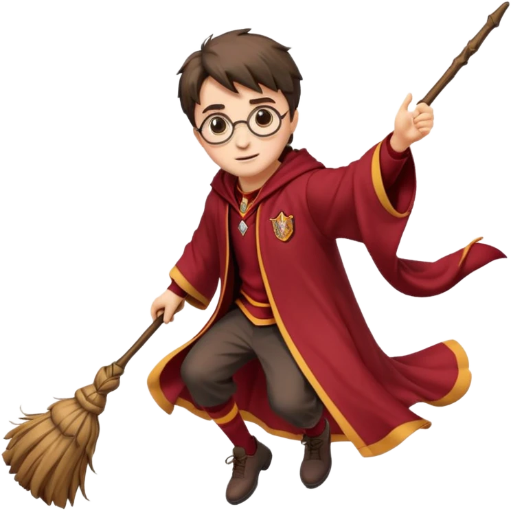 Cartoon-style illustration of Harry Potter flying on a broomstick, Gryffindor red and gold outfit, expressive face, dynamic motion, magical vibe, smooth shading, vibrant colors, no background, transparent background, isolated character. emoji