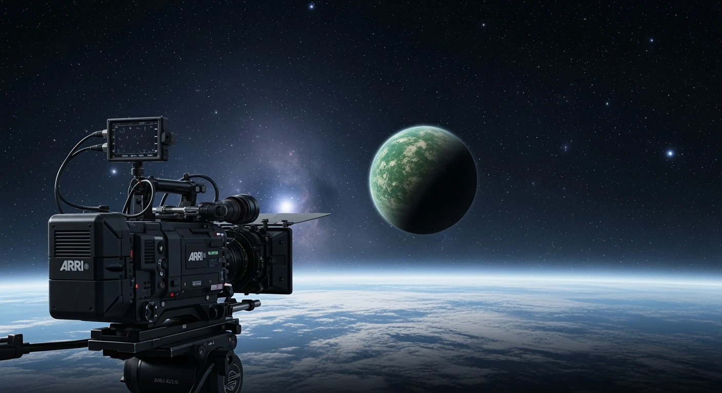 cinematic still, establishing shot in space showing green planet in distance, inspired by StarWars movie, captured by arri alexa  emoji
