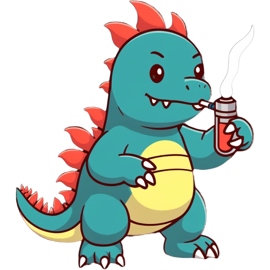 cartoonish Godzilla holding a vape pen, colorful emoji