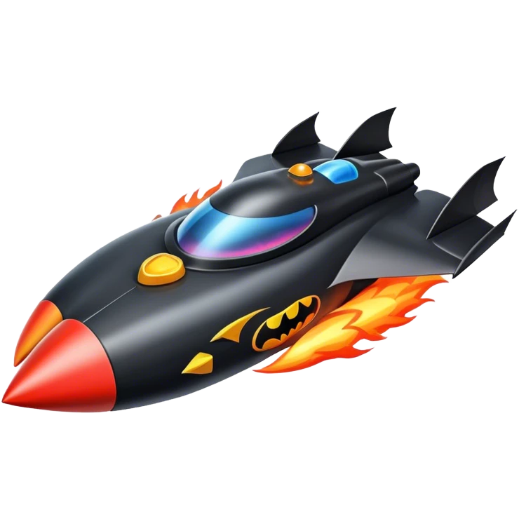 batmobile in rocket ship boom rocket at take-off in fire emoji