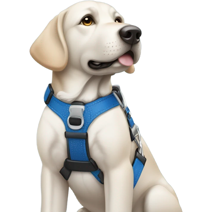 Black guide dog wearing a blue collar and a brown and white harness emoji