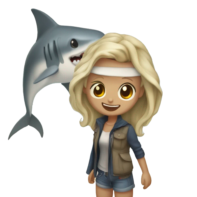 Persona encima de un tiburón en la playa i al lado de una chica emoji