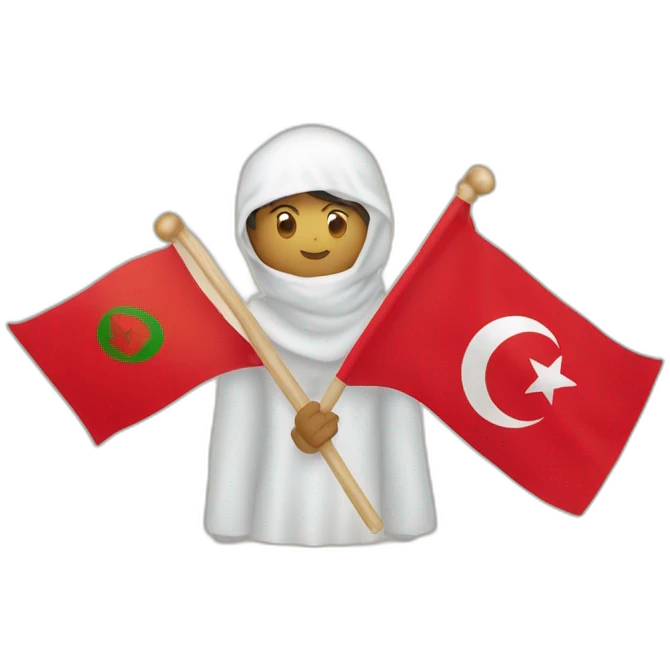 Un marocain avec dans sa main avec un drapeau marocain et un tunisien avec un drapeau tunisien qui se serrent la main emoji
