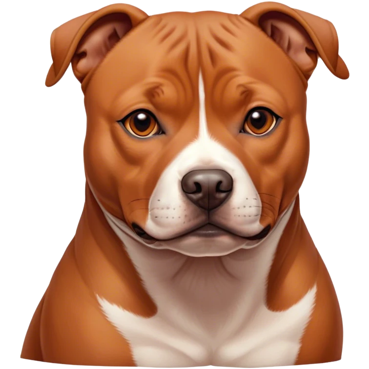 Cinematic Noble Red/Fawn Staffordshire Bull Terrier Portrait Emoji, Poised and regal, with a compact, muscular build and a sleek, well-groomed red/fawn Fur accented by subtle white markings, deep-set soulful dark eyes, Simplified yet sharp and sophisticated features, highly detailed, glowing with a soft, dignified glow, high shine, intelligent and loyal, stylized with an air of strength, focused and attentive, soft glowing outline, capturing the essence of a watchful and confident guardian, so majestic it feels as though it could stride out of the screen with effortless authority! emoji