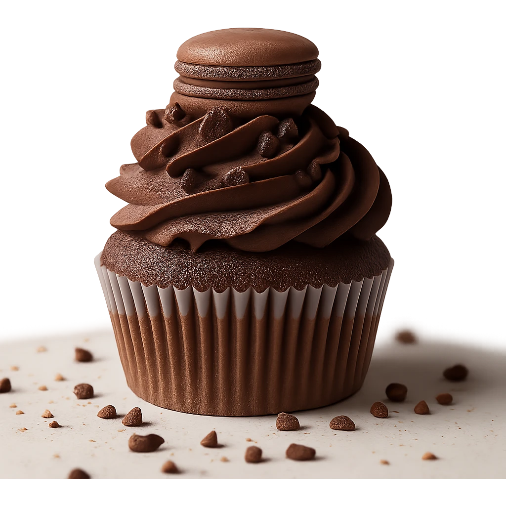 Change the icing to chocolate while keeping the realistic cupcake and accessories in a photorealistic style. Maintain transparent background. emoji