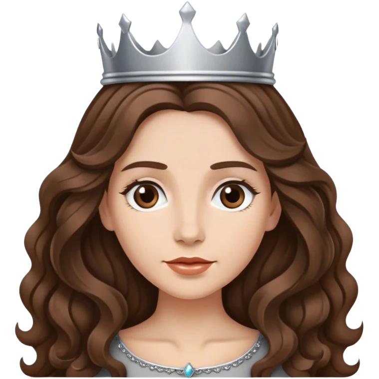 Krásná žena dlouhé hnědé vlnité vlasy. Ve vlasech má malou stříbrnou korunku.  emoji