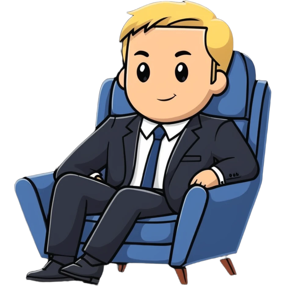 blonde business man in suit relaxing in chair at beach resort, vacation vibes emoji