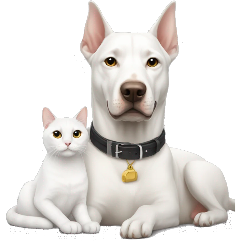 White cat sitting with Doberman emoji