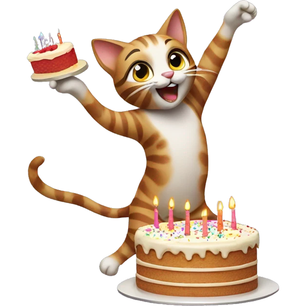 Cat dancing with birthday cake emoji