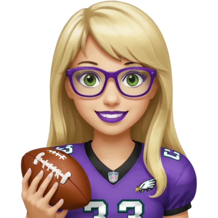 long blonde hair with bangs black rectangle glasses female green eyes football player wearing eagles uniform jersey number 33 holding football smiling purple lipstick emoji