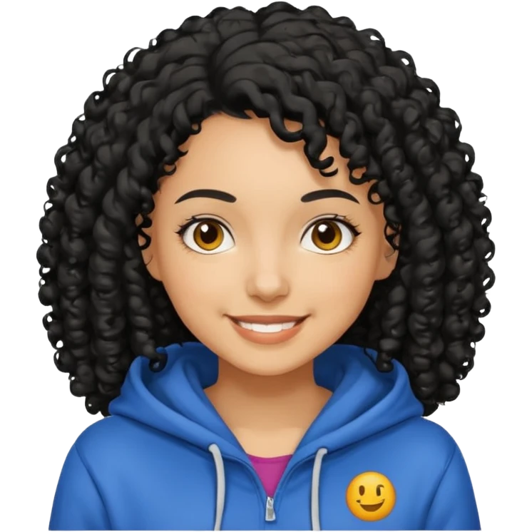 A women with a black curly hair who wear a hoodie and that hoodie have a some smorf emoji