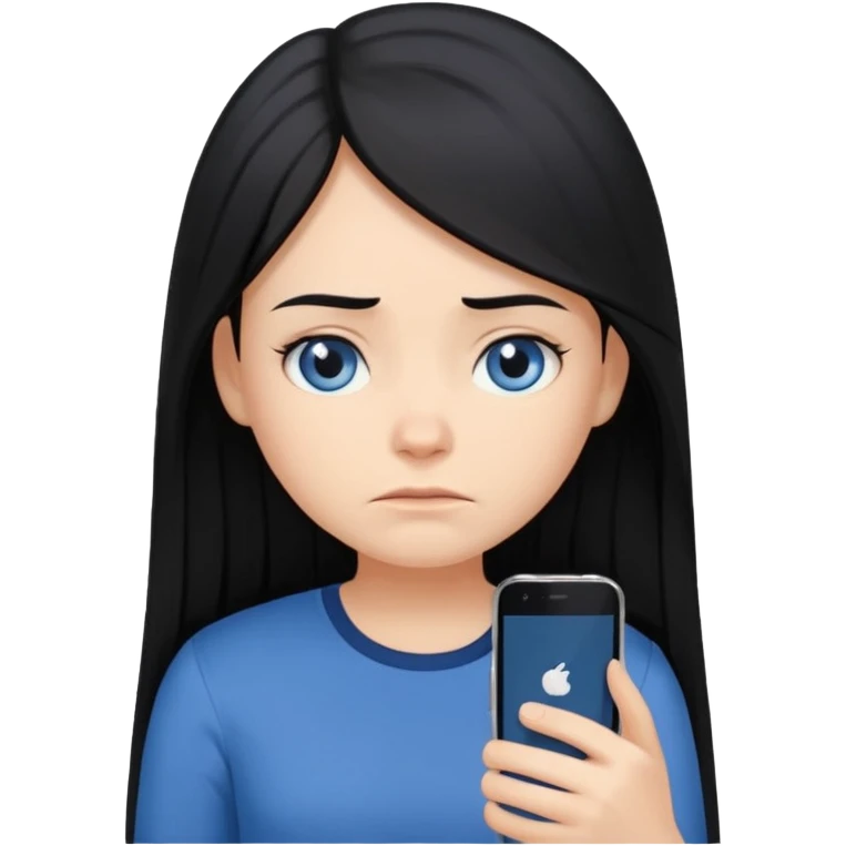 Cartoon emoji of a girl with long, straight black hair, fair skin, gentle blue eyes. Wearing a navy top, looking miserable and stressed, scrolling on her phone or watching TikTok. Smooth, simple, stylized. emoji