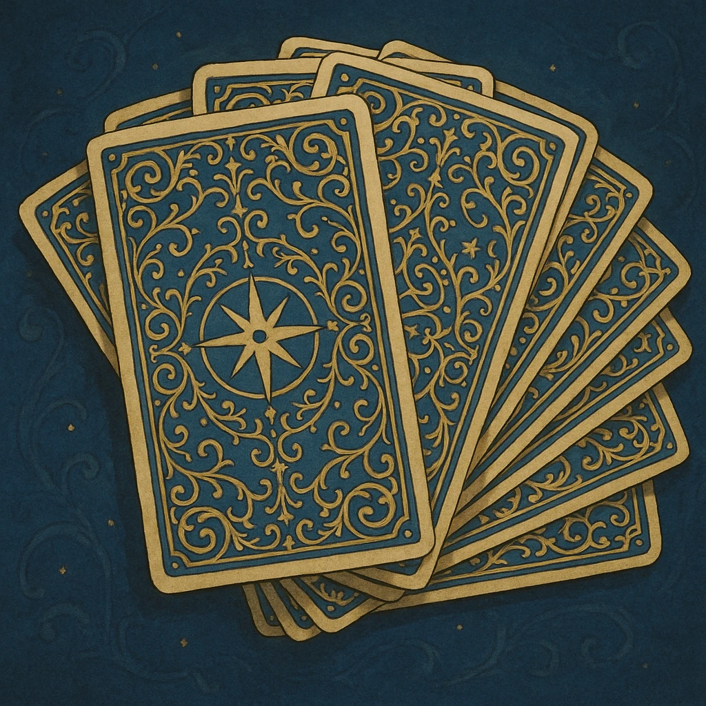 tarot card deck with ornate, intricate backs, gold and deep blue color palette, cards fanned out, mystical and elegant emoji