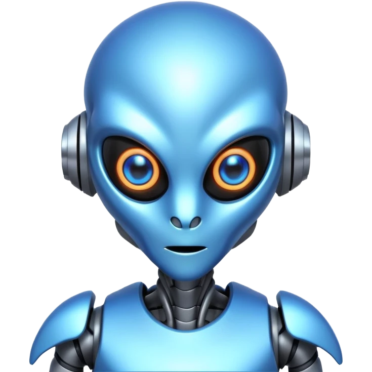 robotic alien character, metal body parts, glowing eyes, futuristic alien design, sci-fi vibe, 3D cartoon, mobile game icon style, clean background, no text, no watermark
 emoji