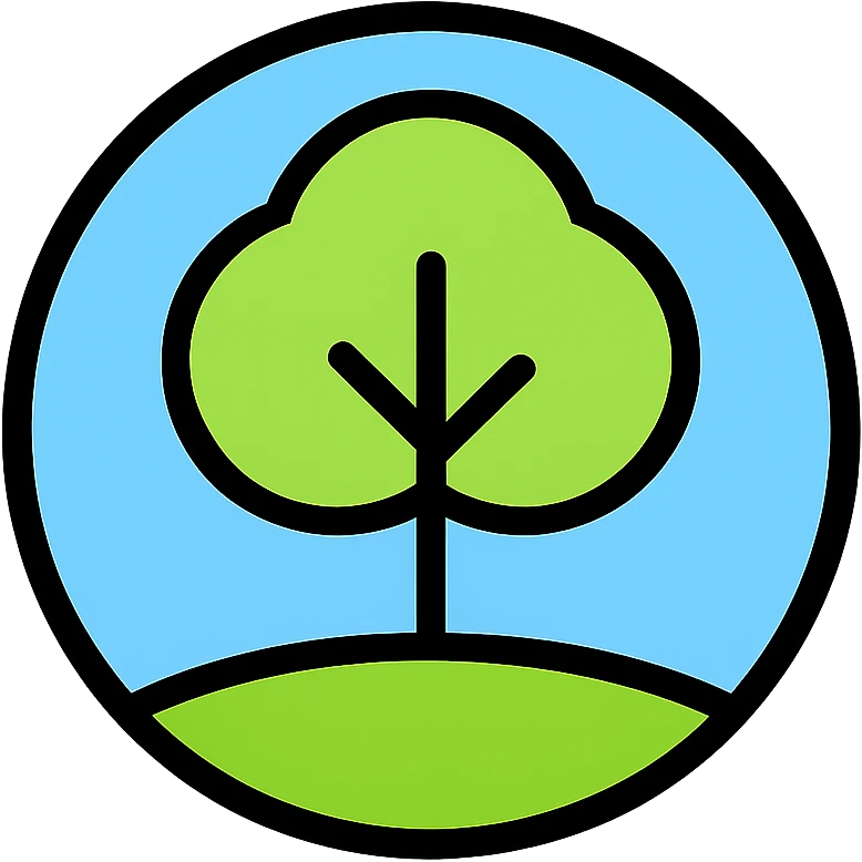round badge with a tree and grass, frutiger-aero style, minimalistic, fresh and airy color palette emoji