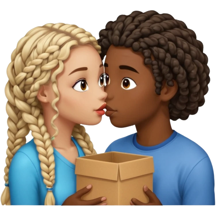 darkskin girl with box braids kissing light skin boy with curly hair emoji