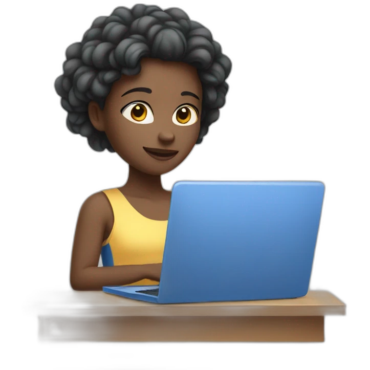 Girl with white skin in blue clothes behind laptop  emoji