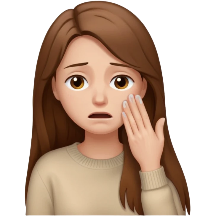 Woman with long brown hair crying, light beige sweater emoji