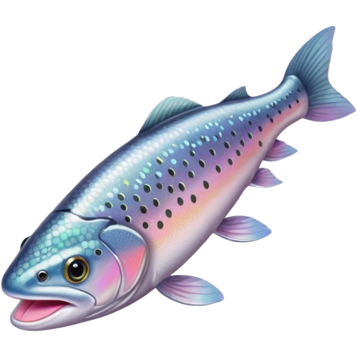 whole trout raw with long slender body, silver-gray skin with dark speckles, iridescent scales, soft pink belly, fins intact, clear eyes, mouth slightly open, no plate or extras, soft lighting, subtle shadows, emoji scale emoji