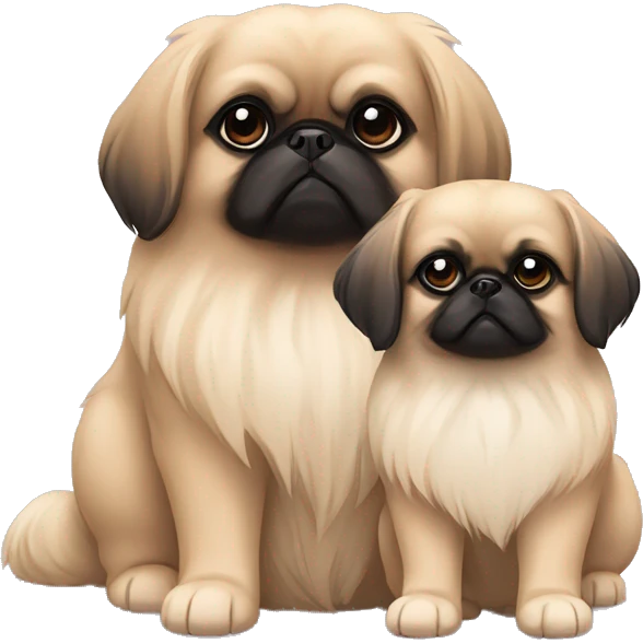 Two beige dogs Pekingese, mother and her puppy. Puppy is with black face  emoji