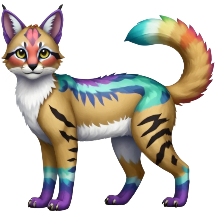 Colorful tropical tribal pale light fruity pastel white glorious iridescent divine exotic cute albino neon vibrant zigzagged cool beautiful fantasy-caracal-civet-genet-sergal-vernid-Gryphon-Cacomistle-Trico-oncilla-animal-Fakémon-hybrid-fursona (full body), facial markings,  emoji