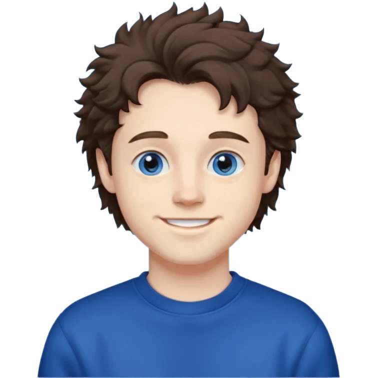 male , blue eyes , pale skin , brunette fluffy hair , dark blue sweatshirt emoji