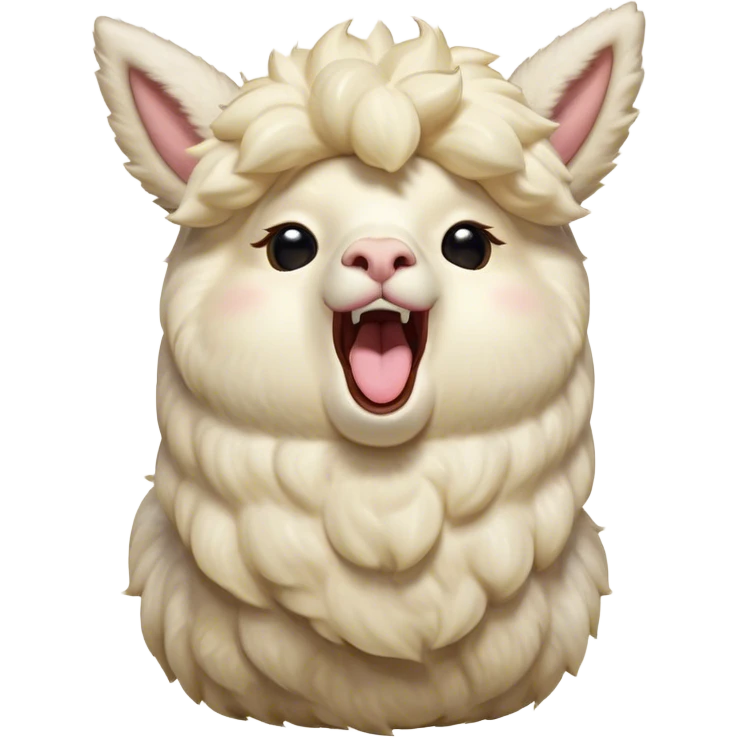 Cinematic Cute Yawning Cream Alpaca Portrait Emoji, Head tilted slightly with a dramatic, wide-open yawn, showcasing a soft, fluffy cream fleece with subtly drooping ears, round gentle eyes barely open in drowsy contentment, Simplified yet irresistibly adorable features, highly detailed, glowing with a soft, cozy glow, high shine, relaxed yet expressive, stylized with a touch of whimsy, bright and endearing, soft glowing outline, capturing the essence of a sleepy yet affectionate alpaca, so drowsy it feels like it could stretch out of the screen and curl up for a nap! emoji