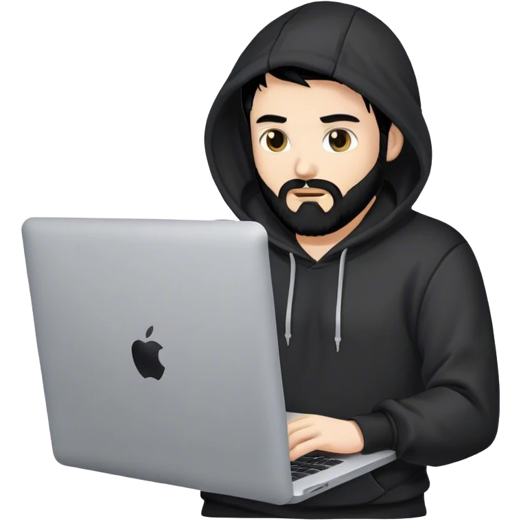 hackeur blanc cheveux noir barbe et capuche noir avec un macbook emoji