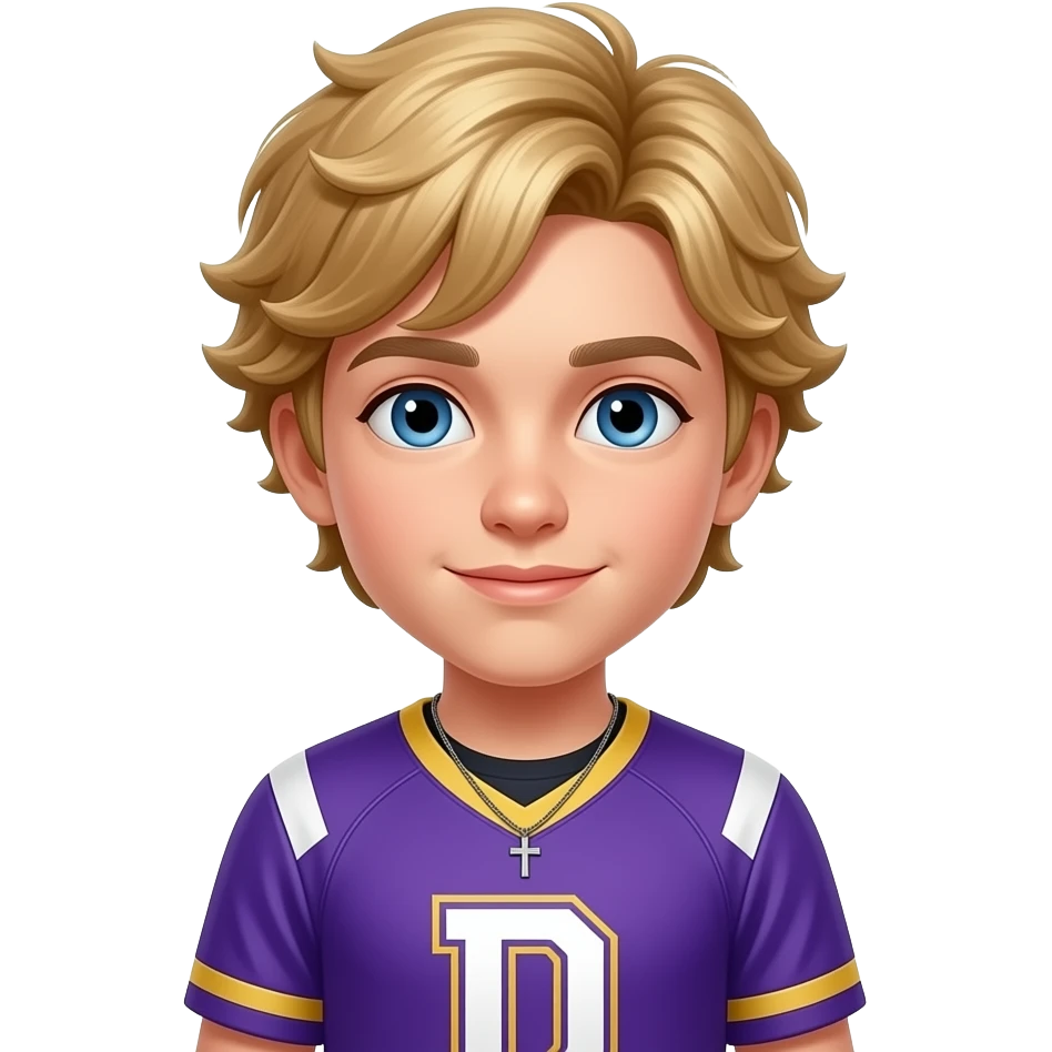 Create a fluffy blonde hair blue eyed boy in a purple jersey with a D on it and wearing a cross necklace emoji