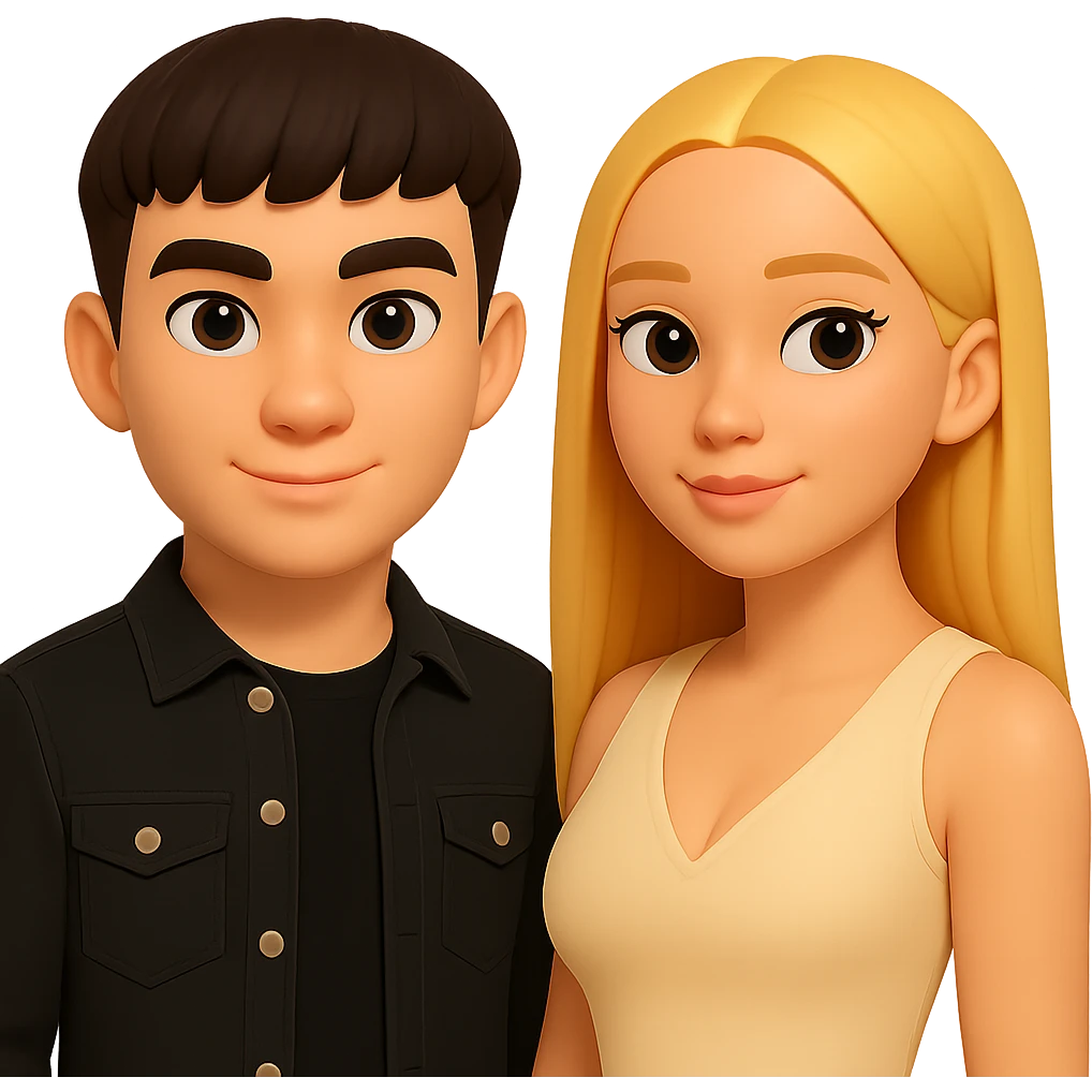 Slightly increase the volume of the upper body of the girl, separate the girl and the boy from each other, make the skin color the same for both. Keep the cartoon style and maintain a transparent background. emoji