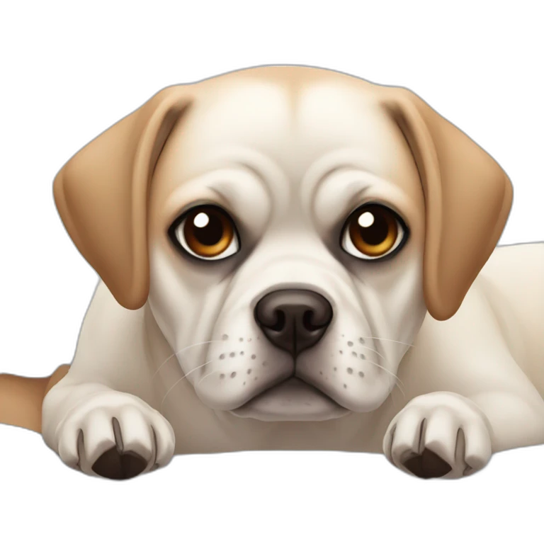 White puggle with brown ears laying on bed emoji