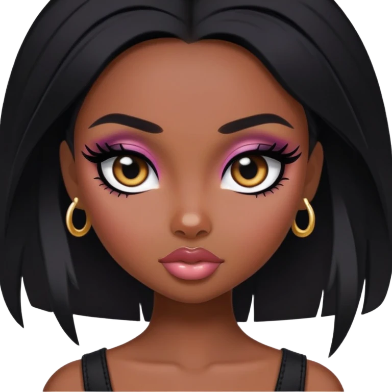 pretty bratz baddie, black eyeliner, dark skin, black hair, black  eyes emoji