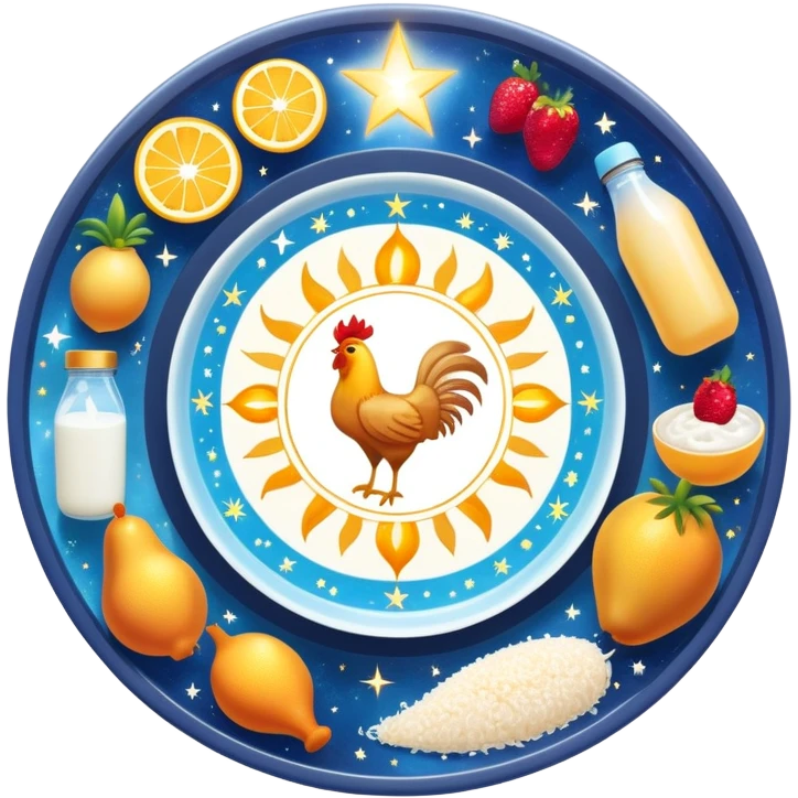 Magical daily fitness nutrition schedule with ethereal water bottle, celestial sun, enchanted chicken and rice plate, mystical gym equipment, glowing yogurt, sparkling fruits, and dreamy sleep symbol, all arranged in a cosmic circle with starry aura emoji